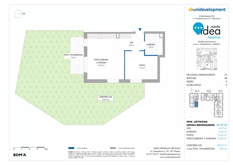 2 pokoje, mieszkanie 51,17 m², parter, oferta nr 6B/73, Osiedle Idea - Aquarius, Radom, Wacyn, ul. Listopadowa