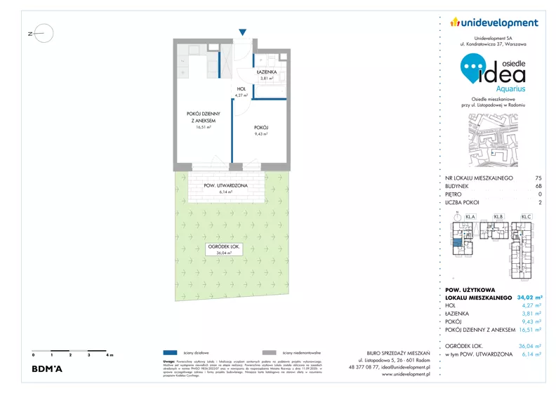 2 pokoje, mieszkanie 34,02 m², parter, oferta nr 6B/75, Osiedle Idea - Aquarius, Radom, Wacyn, ul. Listopadowa