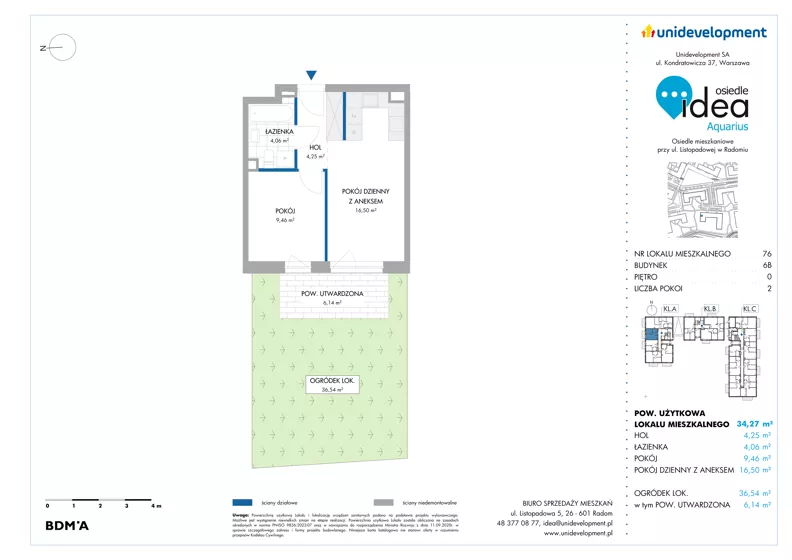 2 pokoje, mieszkanie 34,27 m², parter, oferta nr 6B/76, Osiedle Idea - Aquarius, Radom, Wacyn, ul. Listopadowa