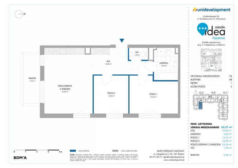 3 pokoje, mieszkanie 65,57 m², piętro 1, oferta nr 6B/78, Osiedle Idea - Aquarius, Radom, Wacyn, ul. Listopadowa