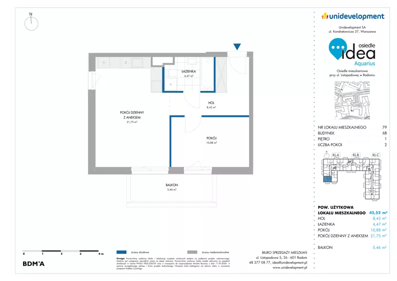 2 pokoje, mieszkanie 45,52 m², piętro 1, oferta nr 6B/79, Osiedle Idea - Aquarius, Radom, Wacyn, ul. Listopadowa