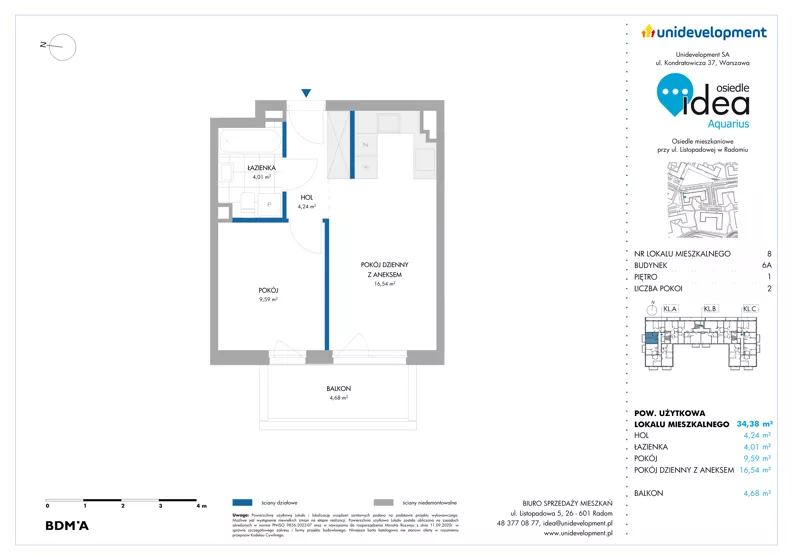 2 pokoje, mieszkanie 34,38 m², piętro 1, oferta nr 6A/8, Osiedle Idea - Aquarius, Radom, Wacyn, ul. Listopadowa