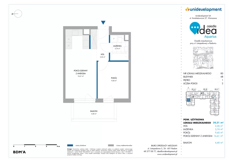 2 pokoje, mieszkanie 34,21 m², piętro 1, oferta nr 6B/80, Osiedle Idea - Aquarius, Radom, Wacyn, ul. Listopadowa