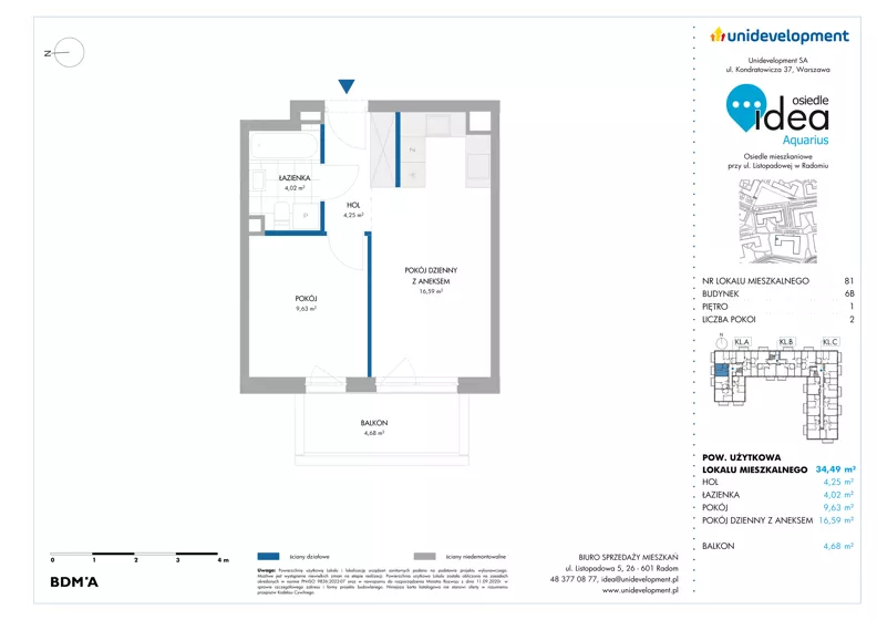 2 pokoje, mieszkanie 34,49 m², piętro 1, oferta nr 6B/81, Osiedle Idea - Aquarius, Radom, Wacyn, ul. Listopadowa