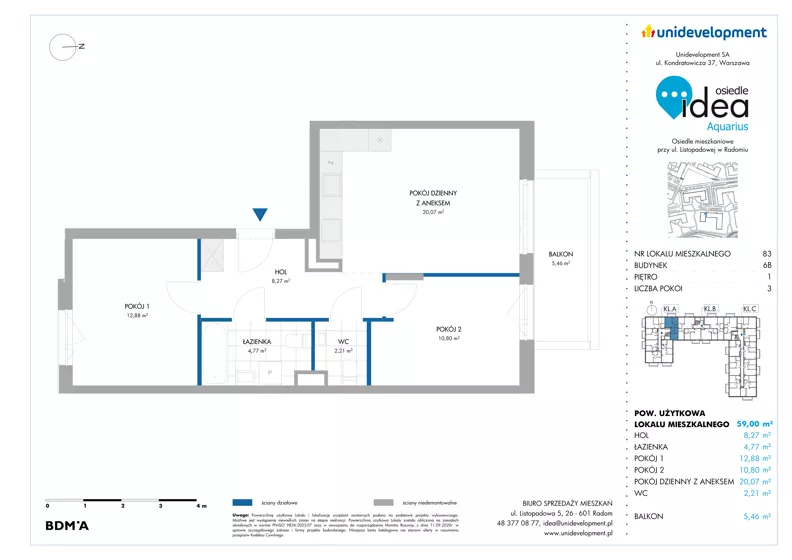 3 pokoje, mieszkanie 59,00 m², piętro 1, oferta nr 6B/83, Osiedle Idea - Aquarius, Radom, Wacyn, ul. Listopadowa