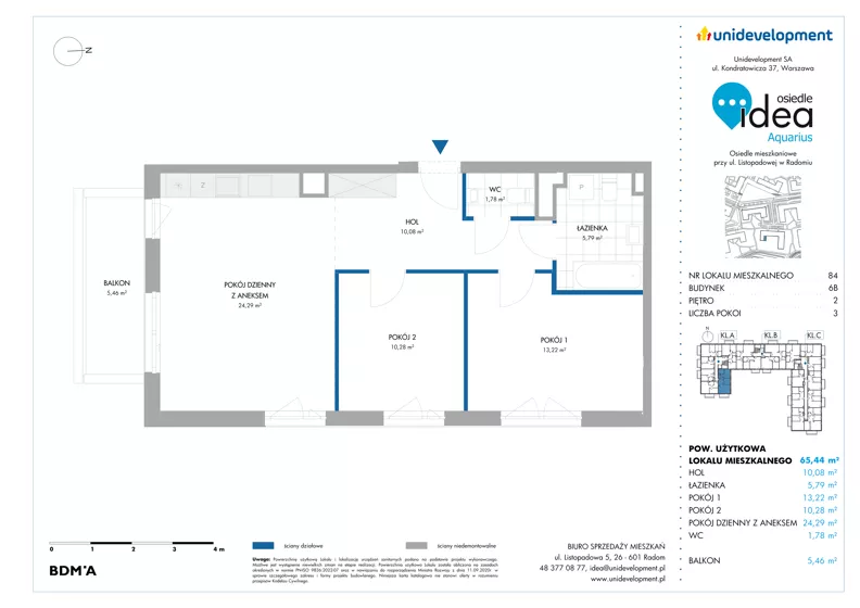 3 pokoje, mieszkanie 65,44 m², piętro 2, oferta nr 6B/84, Osiedle Idea - Aquarius, Radom, Wacyn, ul. Listopadowa