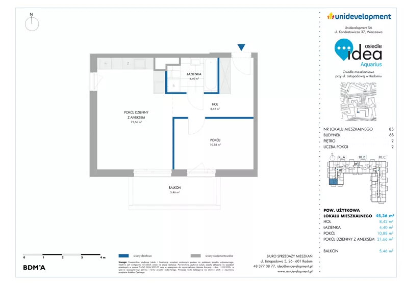 2 pokoje, mieszkanie 45,36 m², piętro 2, oferta nr 6B/85, Osiedle Idea - Aquarius, Radom, Wacyn, ul. Listopadowa