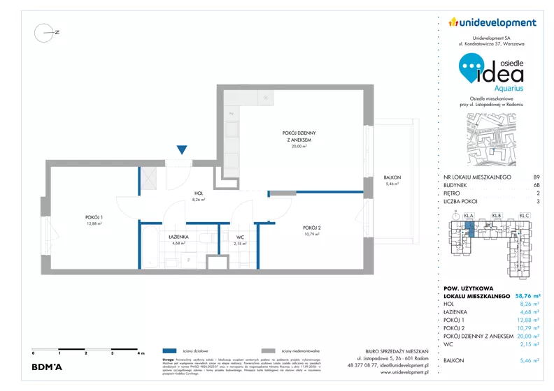 3 pokoje, mieszkanie 58,76 m², piętro 2, oferta nr 6B/89, Osiedle Idea - Aquarius, Radom, Wacyn, ul. Listopadowa