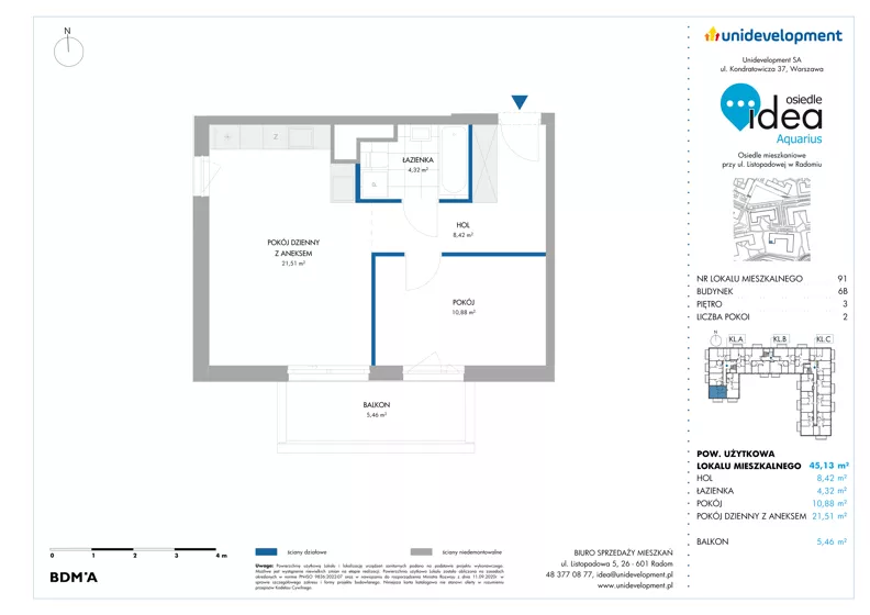 2 pokoje, mieszkanie 45,13 m², piętro 3, oferta nr 6B/91, Osiedle Idea - Aquarius, Radom, Wacyn, ul. Listopadowa