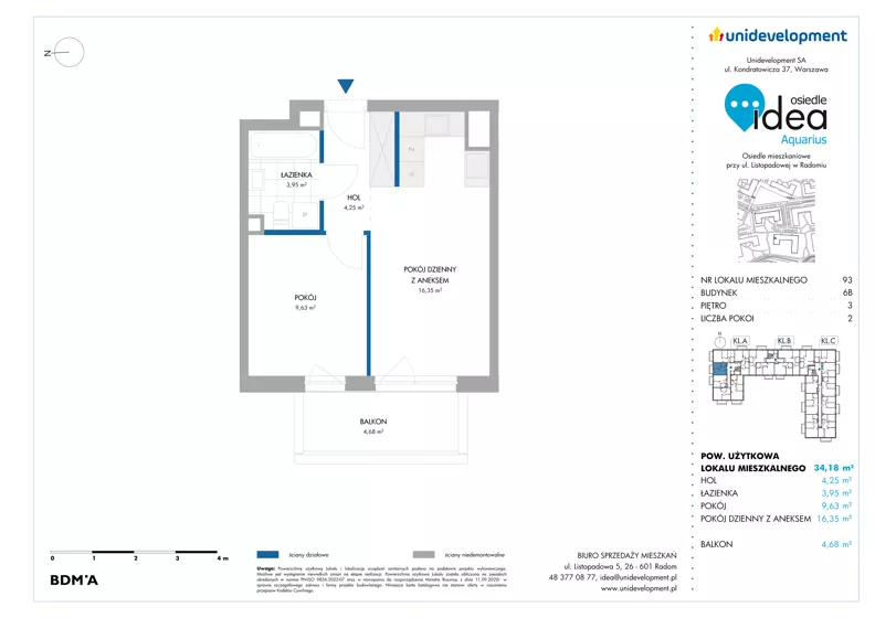 2 pokoje, mieszkanie 34,18 m², piętro 3, oferta nr 6B/93, Osiedle Idea - Aquarius, Radom, Wacyn, ul. Listopadowa