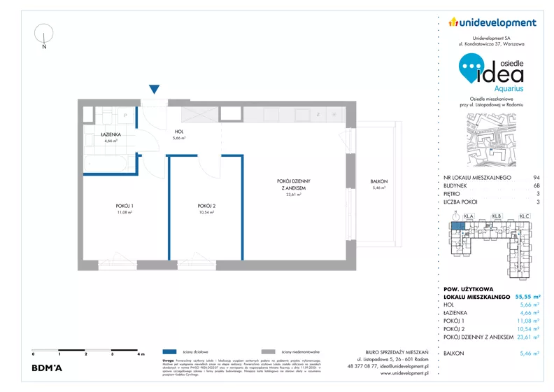 3 pokoje, mieszkanie 55,55 m², piętro 3, oferta nr 6B/94, Osiedle Idea - Aquarius, Radom, Wacyn, ul. Listopadowa