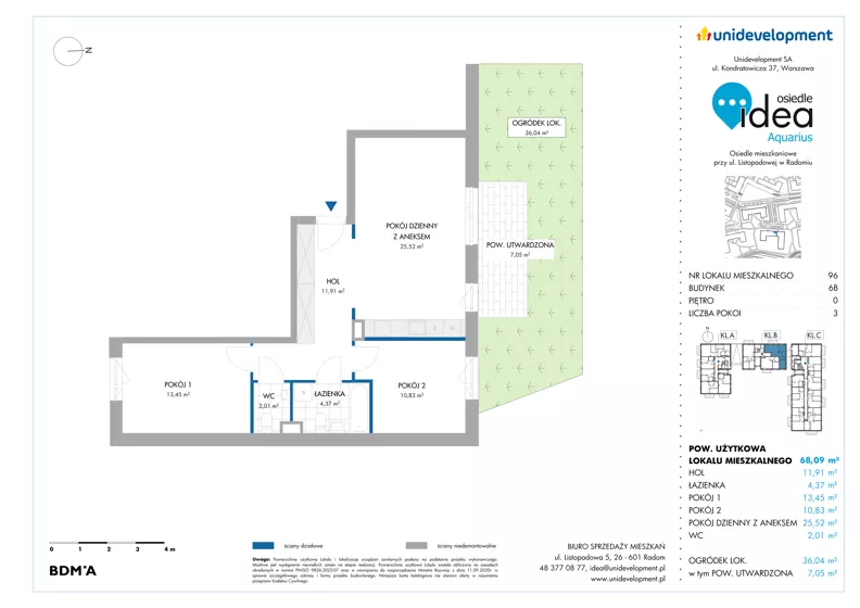3 pokoje, mieszkanie 68,09 m², parter, oferta nr 6B/96, Osiedle Idea - Aquarius, Radom, Wacyn, ul. Listopadowa