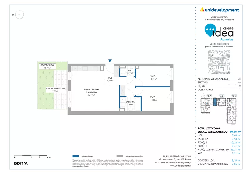 3 pokoje, mieszkanie 60,56 m², parter, oferta nr 6B/98, Osiedle Idea - Aquarius, Radom, Wacyn, ul. Listopadowa