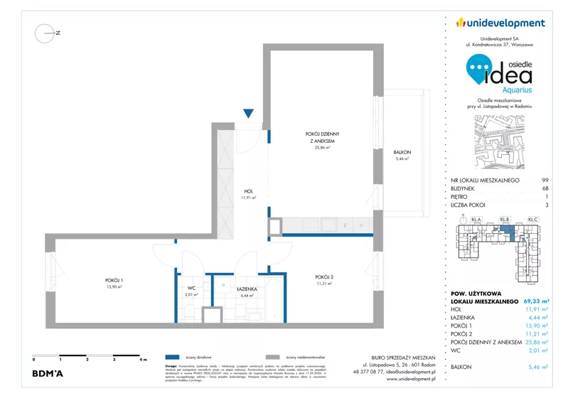 3 pokoje, mieszkanie 69,33 m², piętro 1, oferta nr 6B/99, Osiedle Idea - Aquarius, Radom, Wacyn, ul. Listopadowa