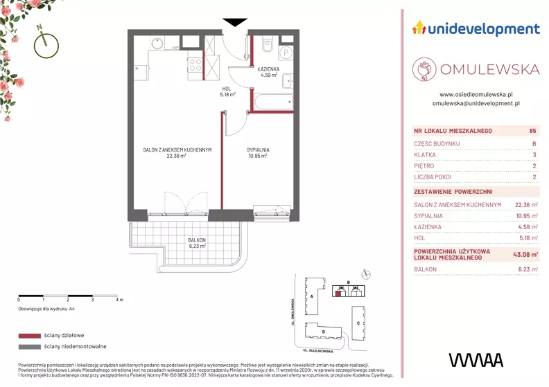 2 pokoje, mieszkanie 43,08 m², piętro 2, oferta nr 24B/85, Osiedle Omulewska, Warszawa, Praga Południe, Grochów, ul. Omulewska 24
