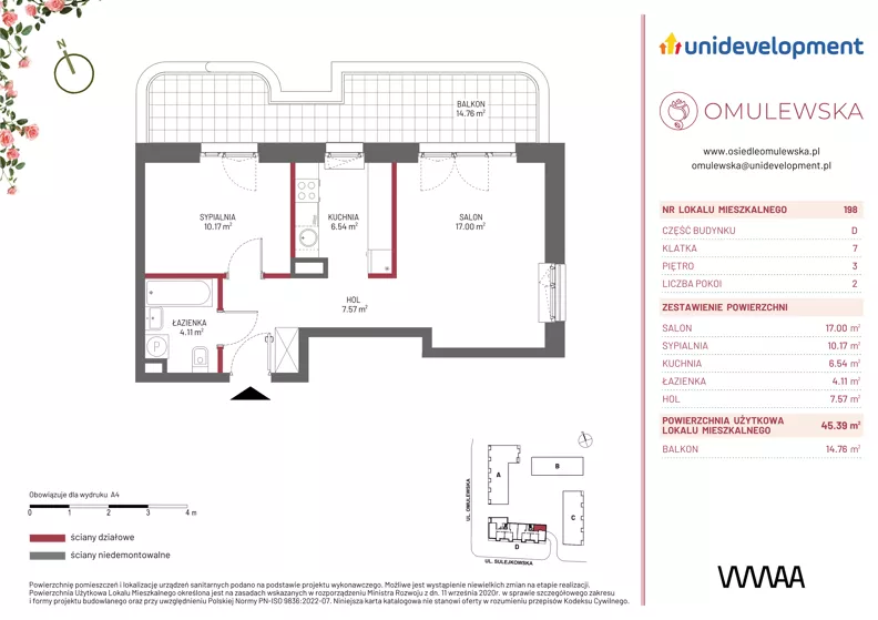 2 pokoje, mieszkanie 45,39 m², piętro 3, oferta nr 24D/198, Osiedle Omulewska, Warszawa, Praga Południe, Grochów, ul. Omulewska 24