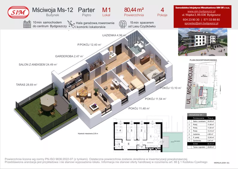 4 pokoje, mieszkanie 80,44 m², parter, oferta nr 1, Mściwoja MS-12, Bydgoszcz, Czyżkówko, ul. Mściwoja