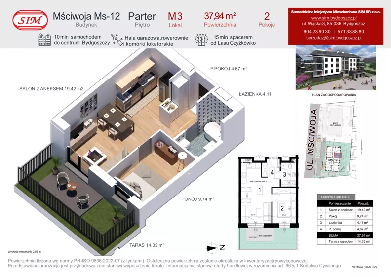 2 pokoje, mieszkanie 37,94 m², parter, oferta nr 3, Mściwoja MS-12, Bydgoszcz, Czyżkówko, ul. Mściwoja