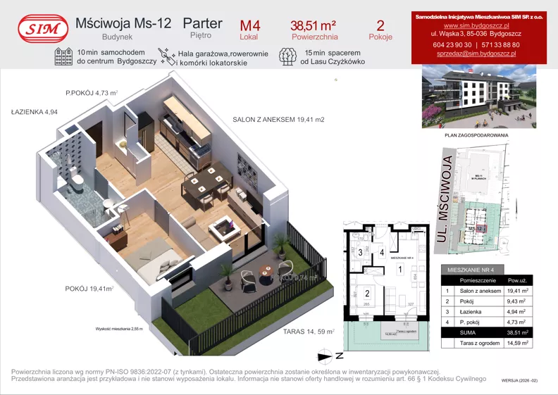 2 pokoje, mieszkanie 38,51 m², parter, oferta nr 4, Mściwoja MS-12, Bydgoszcz, Czyżkówko, ul. Mściwoja