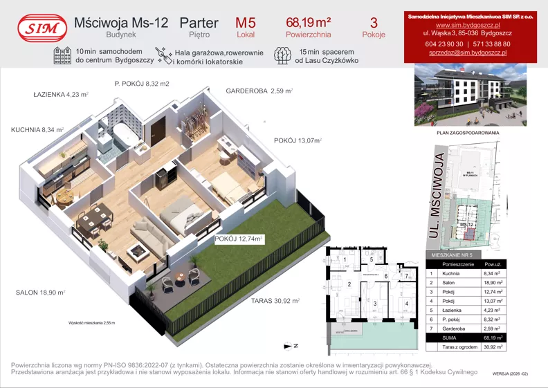 3 pokoje, mieszkanie 68,19 m², parter, oferta nr 5, Mściwoja MS-12, Bydgoszcz, Czyżkówko, ul. Mściwoja