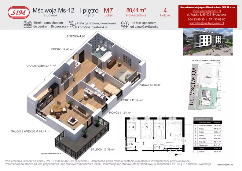 4 pokoje, mieszkanie 80,44 m², piętro 1, oferta nr 7, Mściwoja MS-12, Bydgoszcz, Czyżkówko, ul. Mściwoja
