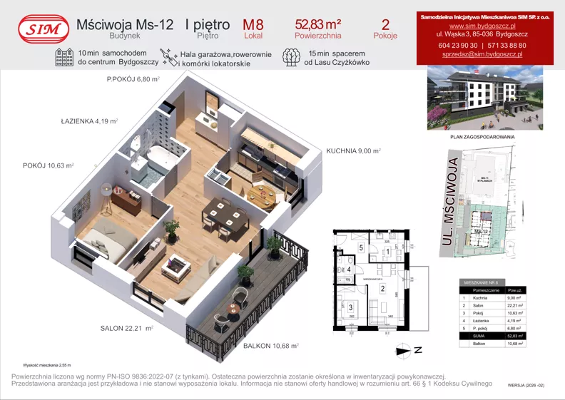 2 pokoje, mieszkanie 52,83 m², piętro 1, oferta nr 8, Mściwoja MS-12, Bydgoszcz, Czyżkówko, ul. Mściwoja