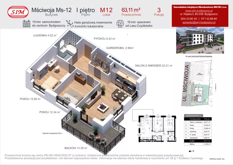 2 pokoje, mieszkanie 63,11 m², piętro 1, oferta nr 12, Mściwoja MS-12, Bydgoszcz, Czyżkówko, ul. Mściwoja