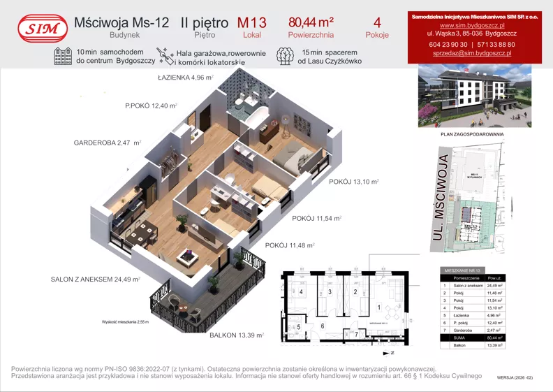 4 pokoje, mieszkanie 80,44 m², piętro 2, oferta nr 13, Mściwoja MS-12, Bydgoszcz, Czyżkówko, ul. Mściwoja