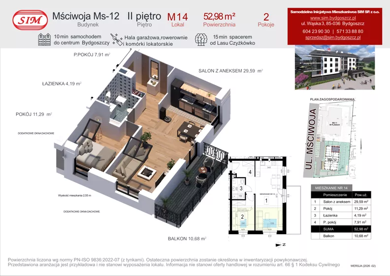 2 pokoje, mieszkanie 52,98 m², piętro 2, oferta nr 14, Mściwoja MS-12, Bydgoszcz, Czyżkówko, ul. Mściwoja
