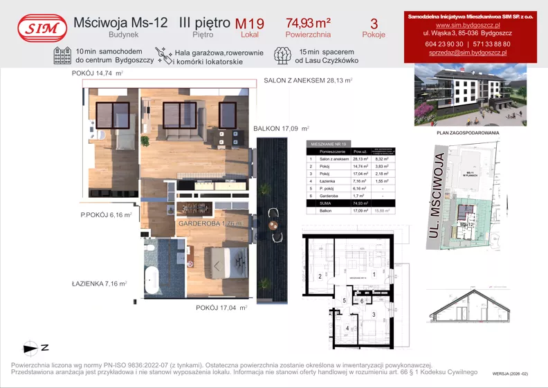 3 pokoje, mieszkanie 74,93 m², piętro 3, oferta nr 19, Mściwoja MS-12, Bydgoszcz, Czyżkówko, ul. Mściwoja