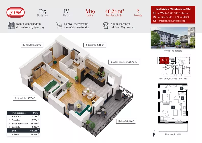 2 pokoje, mieszkanie 46,24 m², piętro 4, oferta nr F15-M19, Tęczowy Zakątek, Bydgoszcz, Czyżkówko, ul. Filtrowa