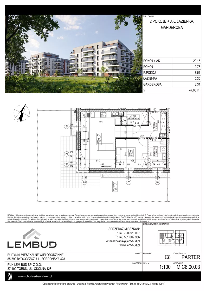2 pokoje, mieszkanie 47,08 m², parter, oferta nr C8.00.03, Osiedle Panorama Wiślana, Bydgoszcz, Fordon, ul. Fordońska 428
