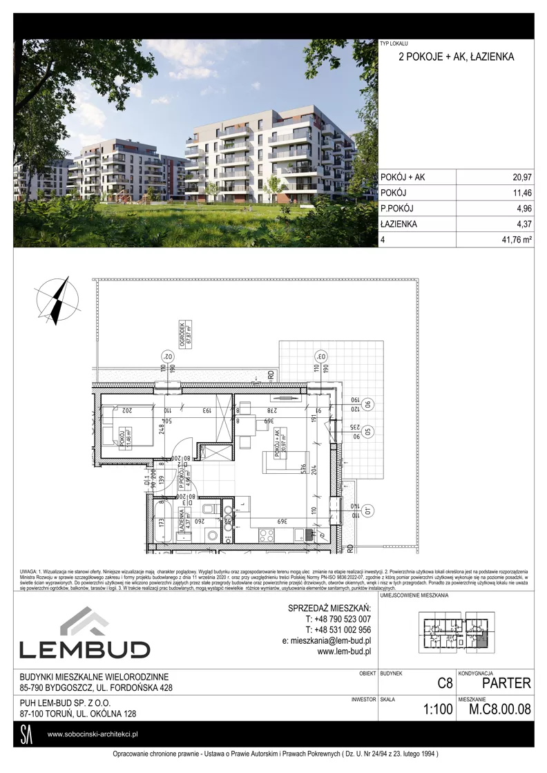 2 pokoje, mieszkanie 41,76 m², parter, oferta nr C8.00.08, Osiedle Panorama Wiślana, Bydgoszcz, Fordon, ul. Fordońska 428