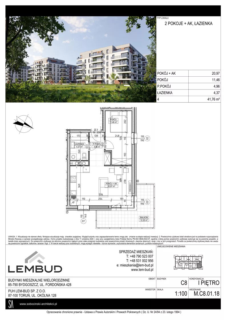 2 pokoje, mieszkanie 41,76 m², piętro 1, oferta nr C8.01.18, Osiedle Panorama Wiślana, Bydgoszcz, Fordon, ul. Fordońska 428