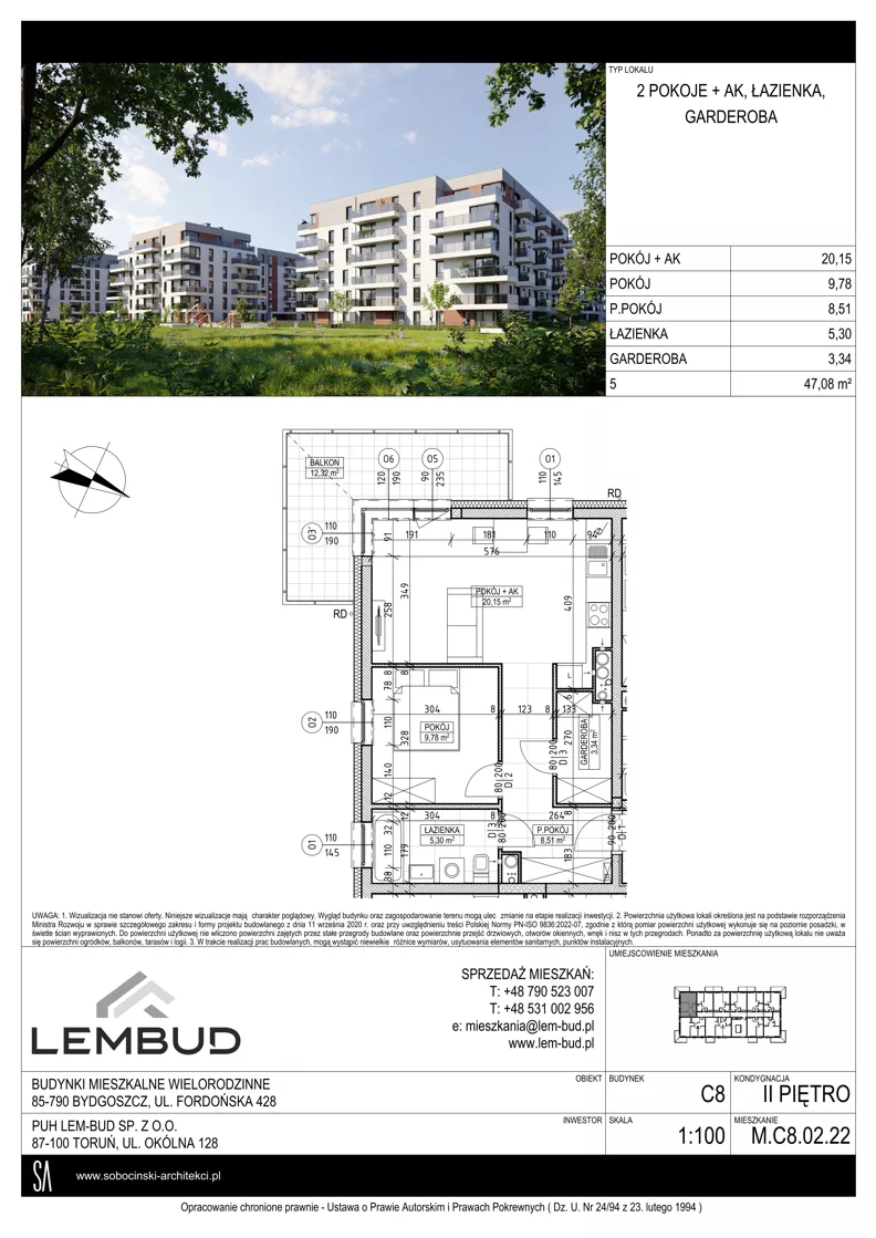 2 pokoje, mieszkanie 47,08 m², piętro 2, oferta nr C8.02.22, Osiedle Panorama Wiślana, Bydgoszcz, Fordon, ul. Fordońska 428