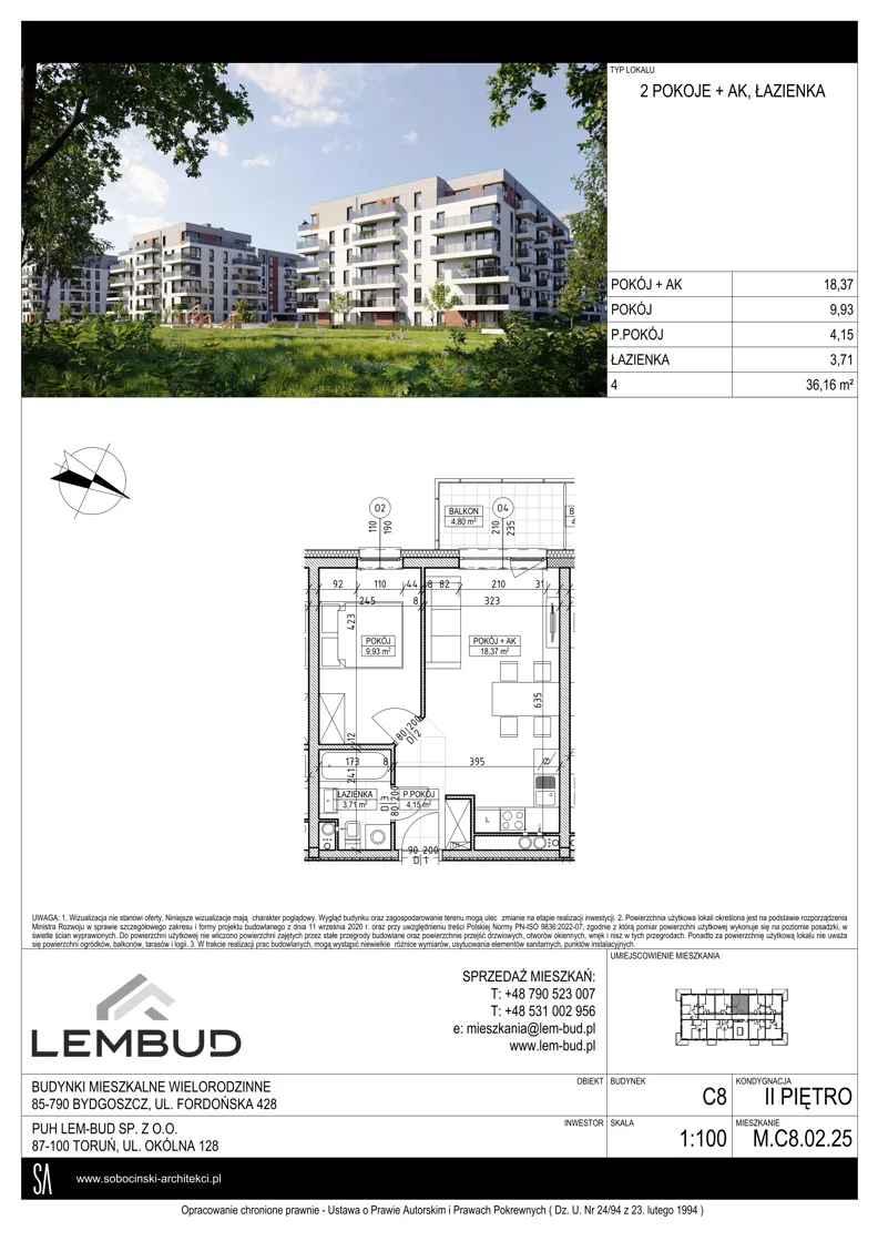2 pokoje, mieszkanie 36,16 m², piętro 2, oferta nr C8.02.25, Osiedle Panorama Wiślana, Bydgoszcz, Fordon, ul. Fordońska 428
