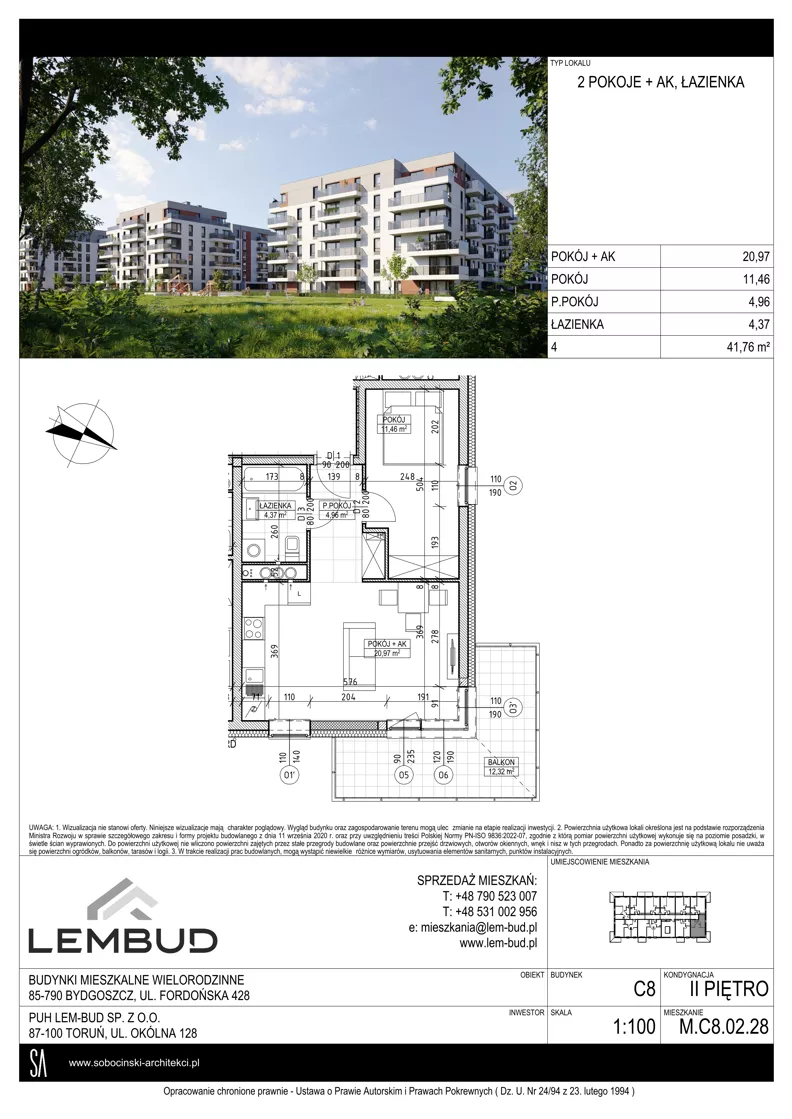 2 pokoje, mieszkanie 41,76 m², piętro 2, oferta nr C8.02.28, Osiedle Panorama Wiślana, Bydgoszcz, Fordon, ul. Fordońska 428