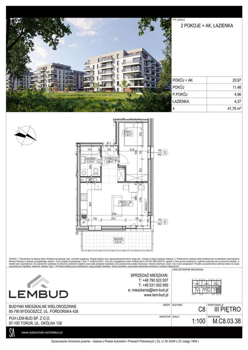 2 pokoje, mieszkanie 41,76 m², piętro 3, oferta nr C8.03.38, Osiedle Panorama Wiślana, Bydgoszcz, Fordon, ul. Fordońska 428