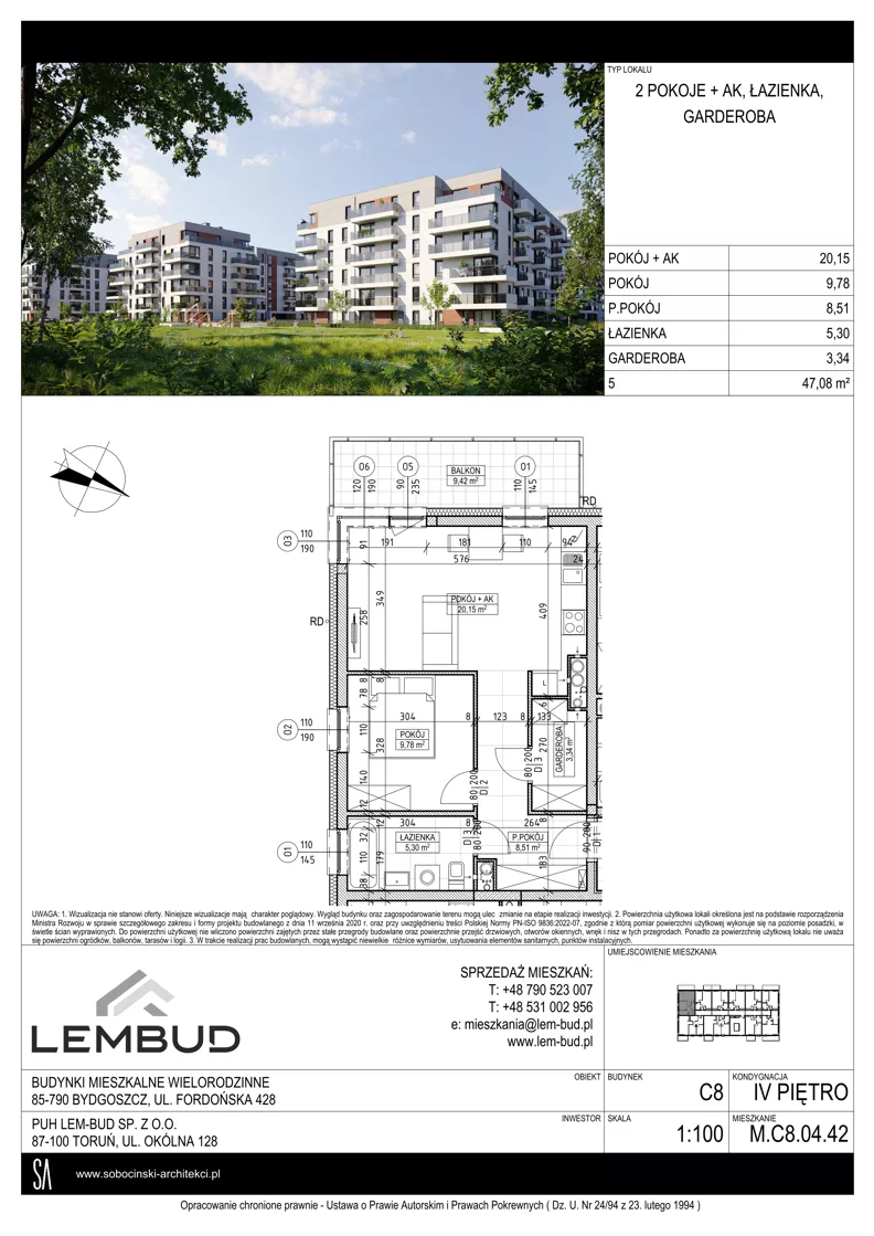 2 pokoje, mieszkanie 47,08 m², piętro 4, oferta nr C8.04.42, Osiedle Panorama Wiślana, Bydgoszcz, Fordon, ul. Fordońska 428