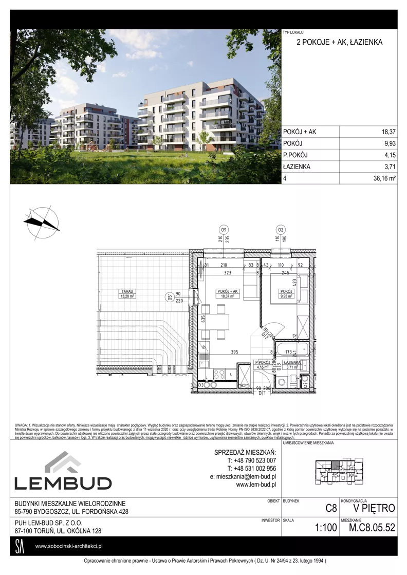 2 pokoje, mieszkanie 36,16 m², piętro 5, oferta nr C8.05.52, Osiedle Panorama Wiślana, Bydgoszcz, Fordon, ul. Fordońska 428