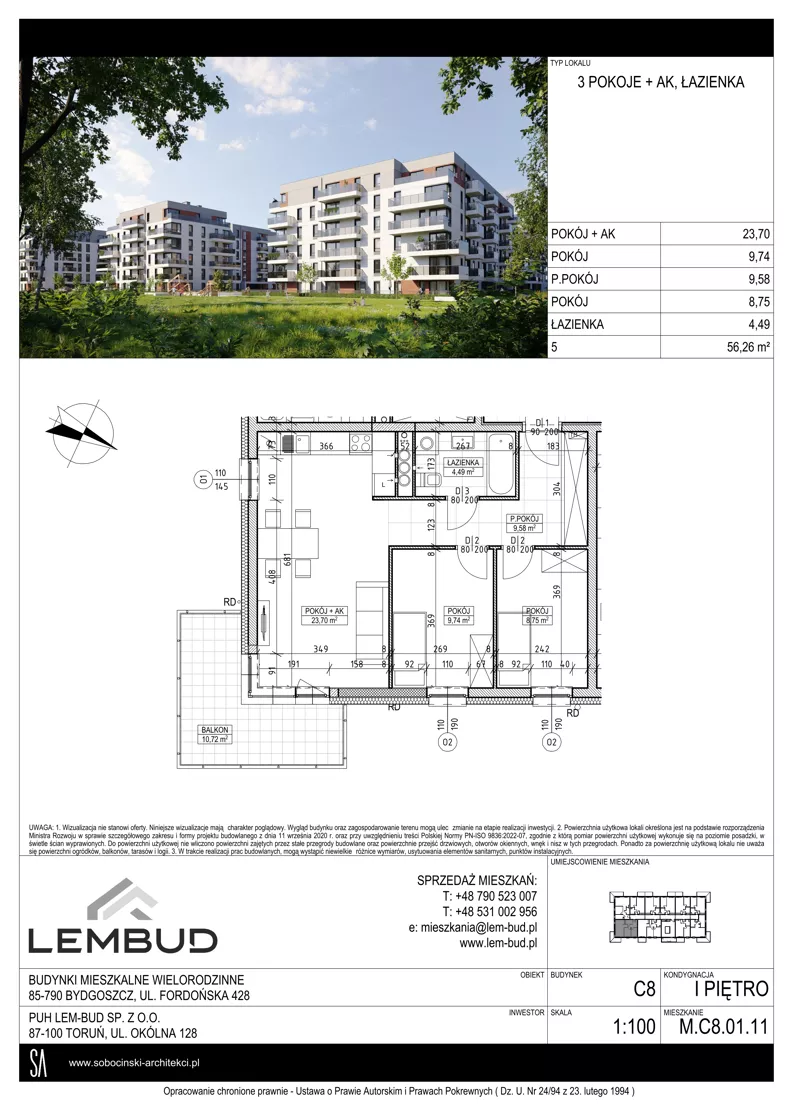 3 pokoje, mieszkanie 56,26 m², piętro 1, oferta nr C8.01.11, Osiedle Panorama Wiślana, Bydgoszcz, Fordon, ul. Fordońska 428