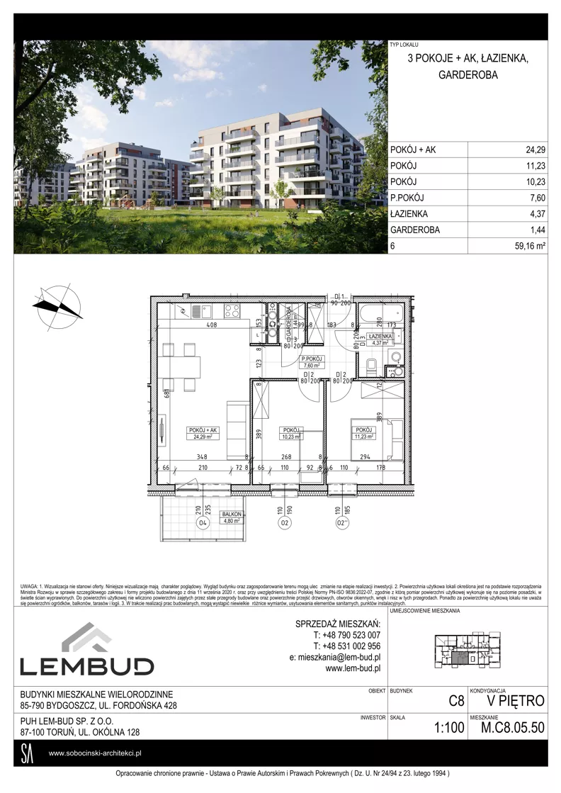 3 pokoje, mieszkanie 59,16 m², piętro 5, oferta nr C8.05.50, Osiedle Panorama Wiślana, Bydgoszcz, Fordon, ul. Fordońska 428