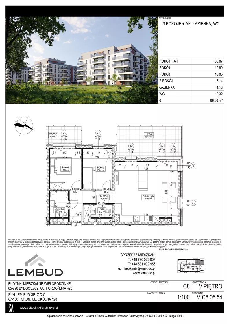 3 pokoje, mieszkanie 66,36 m², piętro 5, oferta nr C8.05.54, Osiedle Panorama Wiślana, Bydgoszcz, Fordon, ul. Fordońska 428
