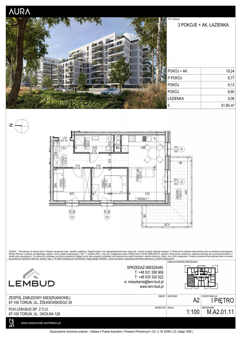 3 pokoje, mieszkanie 51,80 m², piętro 1, oferta nr A2.01.11, Osiedle Aura, Toruń, Jakubskie Przedmieście, ul. Żółkiewskiego 35