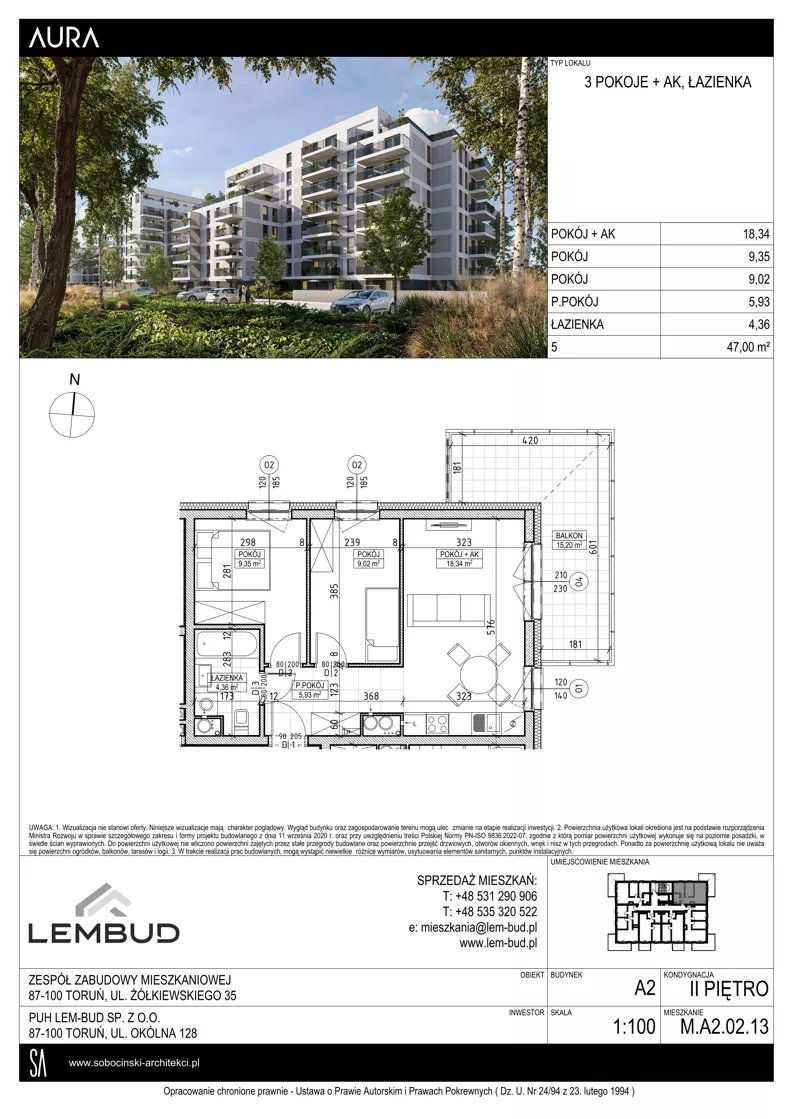 3 pokoje, mieszkanie 47,00 m², piętro 2, oferta nr A2.02.13, Osiedle Aura, Toruń, Jakubskie Przedmieście, ul. Żółkiewskiego 35