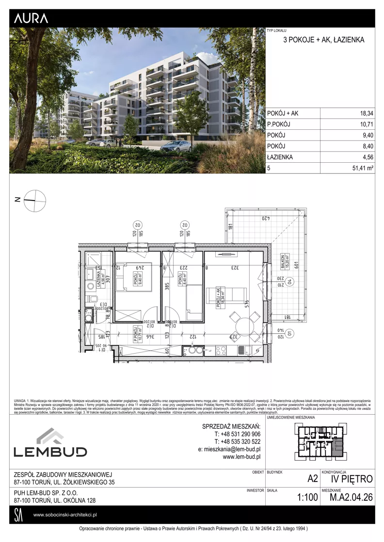 3 pokoje, mieszkanie 51,41 m², piętro 4, oferta nr A2.04.26, Osiedle Aura, Toruń, Jakubskie Przedmieście, ul. Żółkiewskiego 35