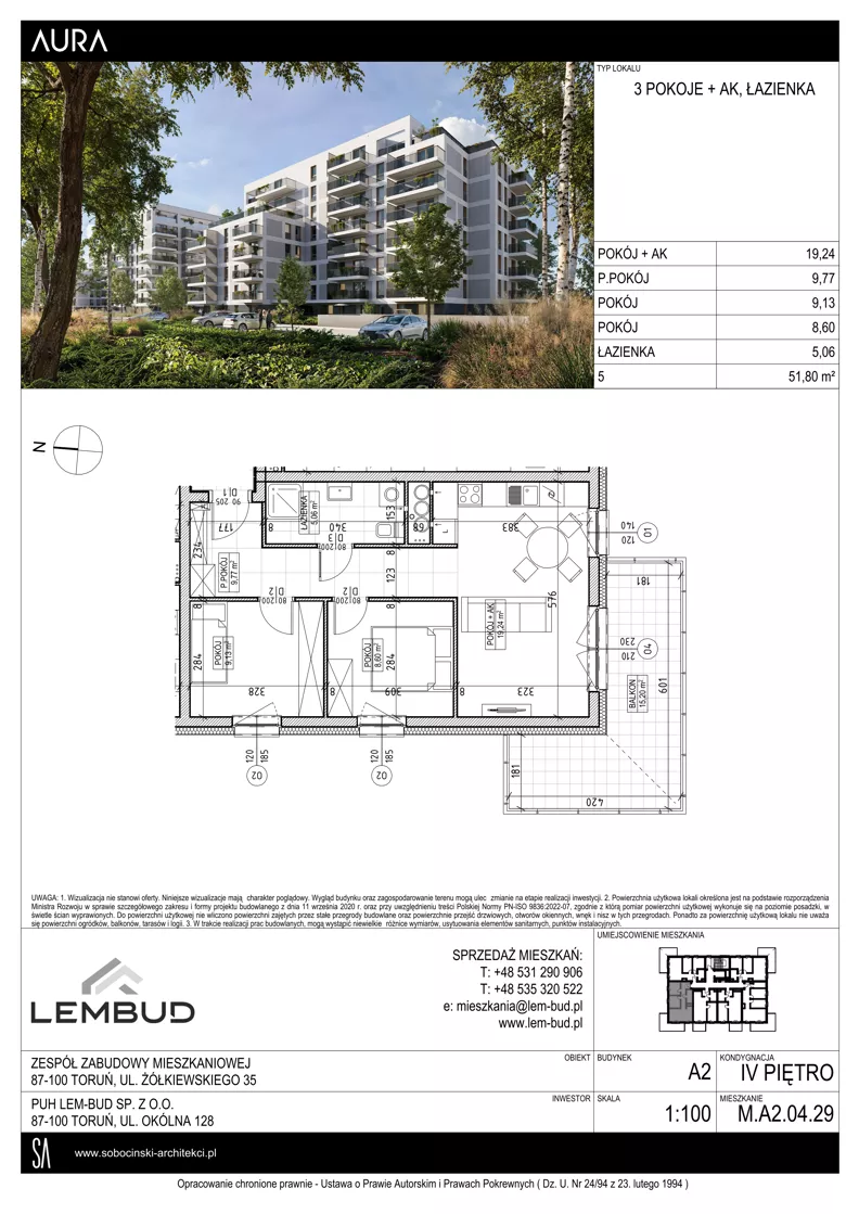 3 pokoje, mieszkanie 51,80 m², piętro 4, oferta nr A2.04.29, Osiedle Aura, Toruń, Jakubskie Przedmieście, ul. Żółkiewskiego 35
