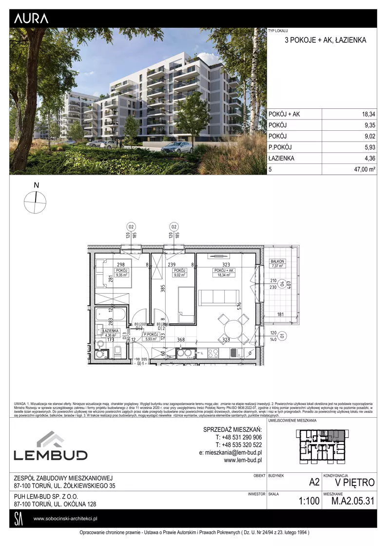3 pokoje, mieszkanie 47,00 m², piętro 5, oferta nr A2.05.31, Osiedle Aura, Toruń, Jakubskie Przedmieście, ul. Żółkiewskiego 35