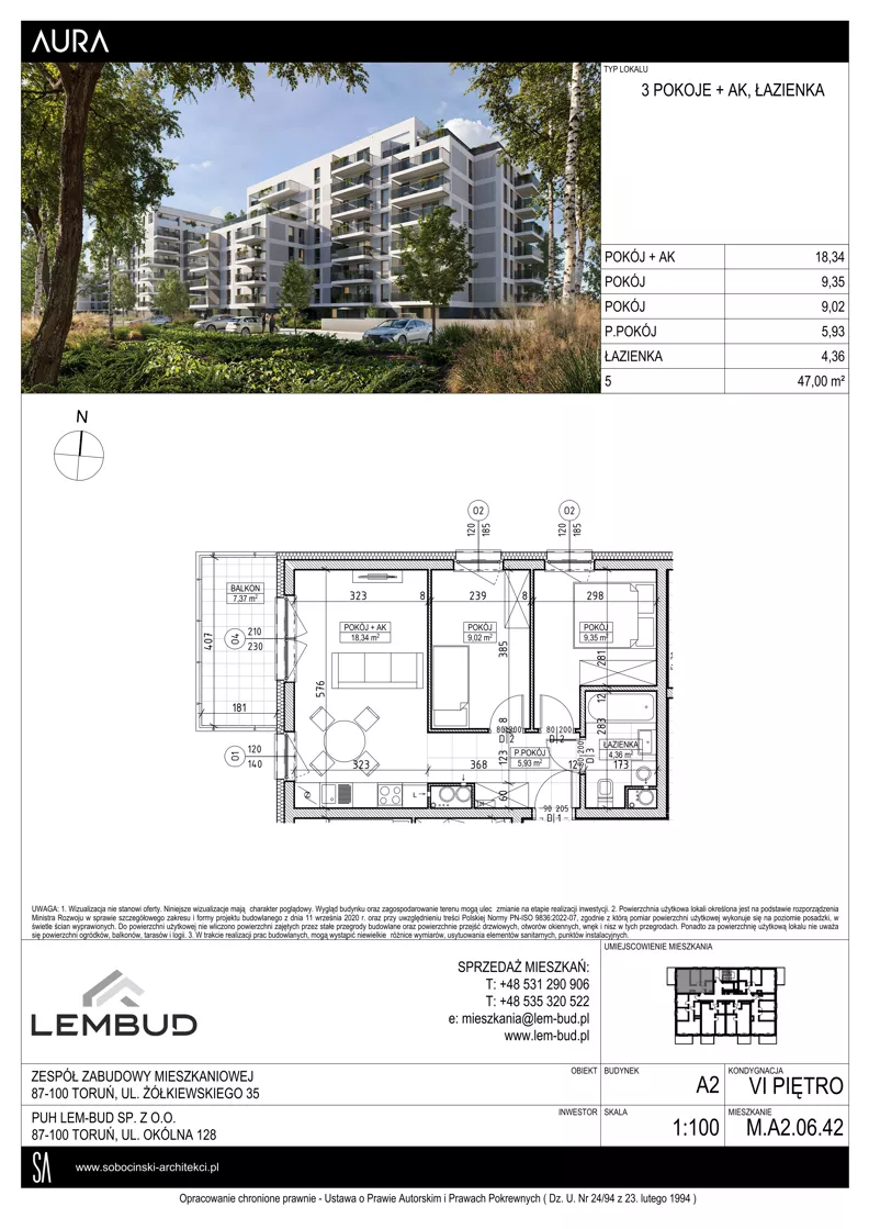 3 pokoje, mieszkanie 47,00 m², piętro 6, oferta nr A2.06.42, Osiedle Aura, Toruń, Jakubskie Przedmieście, ul. Żółkiewskiego 35