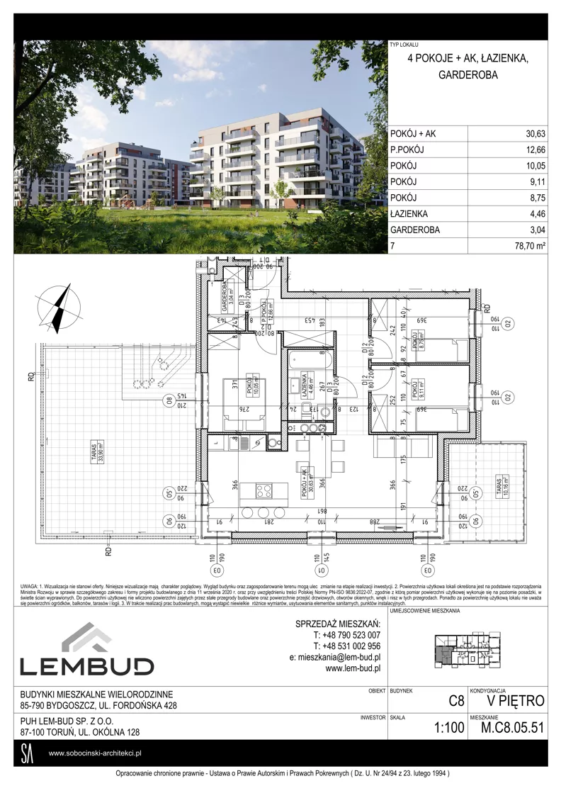 4 pokoje, mieszkanie 78,70 m², piętro 5, oferta nr C8.05.51, Osiedle Panorama Wiślana, Bydgoszcz, Fordon, ul. Fordońska 428